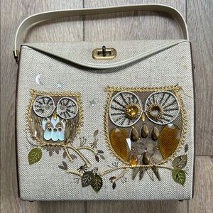 Vintage Sequined Jeweled Owl Handbag Purse Shoulder Bag Wood Canvas MCM